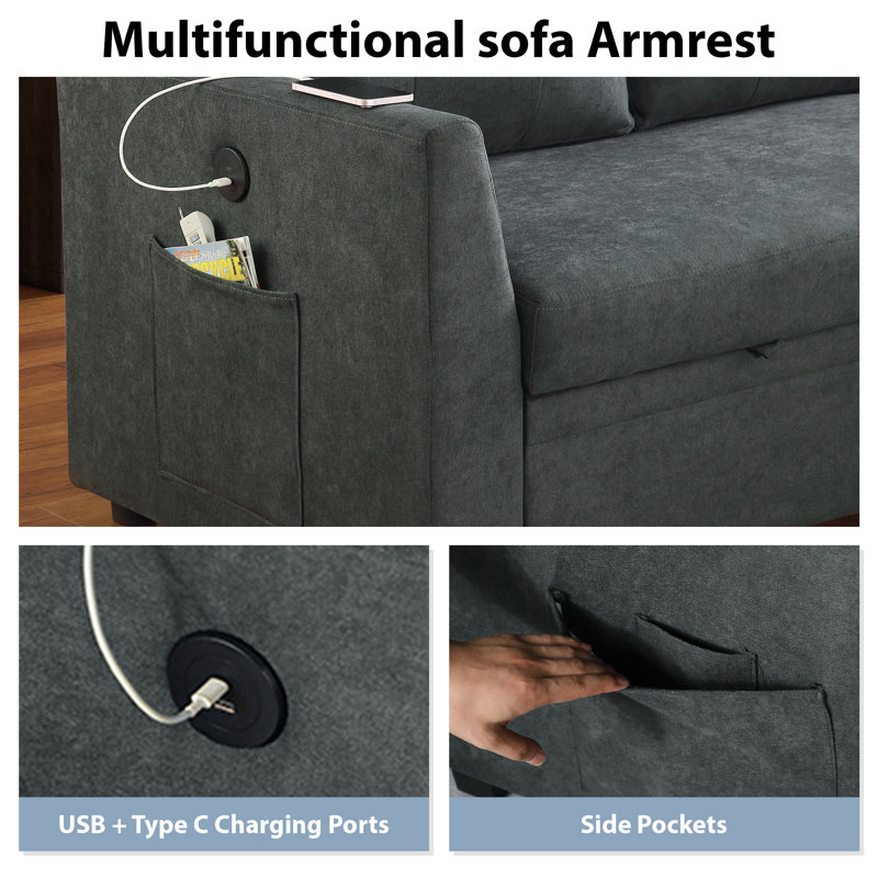 Canapé-lit modulaire convertible en chenille 2 en 1 81,5 po avec méridienne escamotable en chenille 2-en-1 avec rangement et charge USB et poche latérale