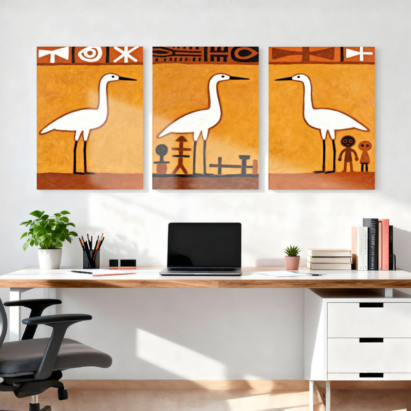 Ensemble de 3 tableaux sur toile à motif de héron d'inspiration égyptienne, H 24 po x l 48 po