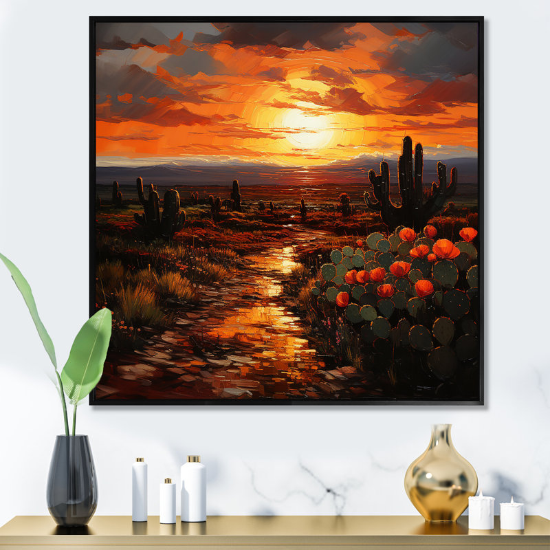 Cactus coucher de soleil, désert, rêves - art mural désert, Cadre flottant noir, H 30 po x l 30 po x P 1,5 po