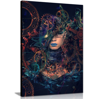Abstract Woman Blue Lips Cog Wheels - Wrapped Canvas Print