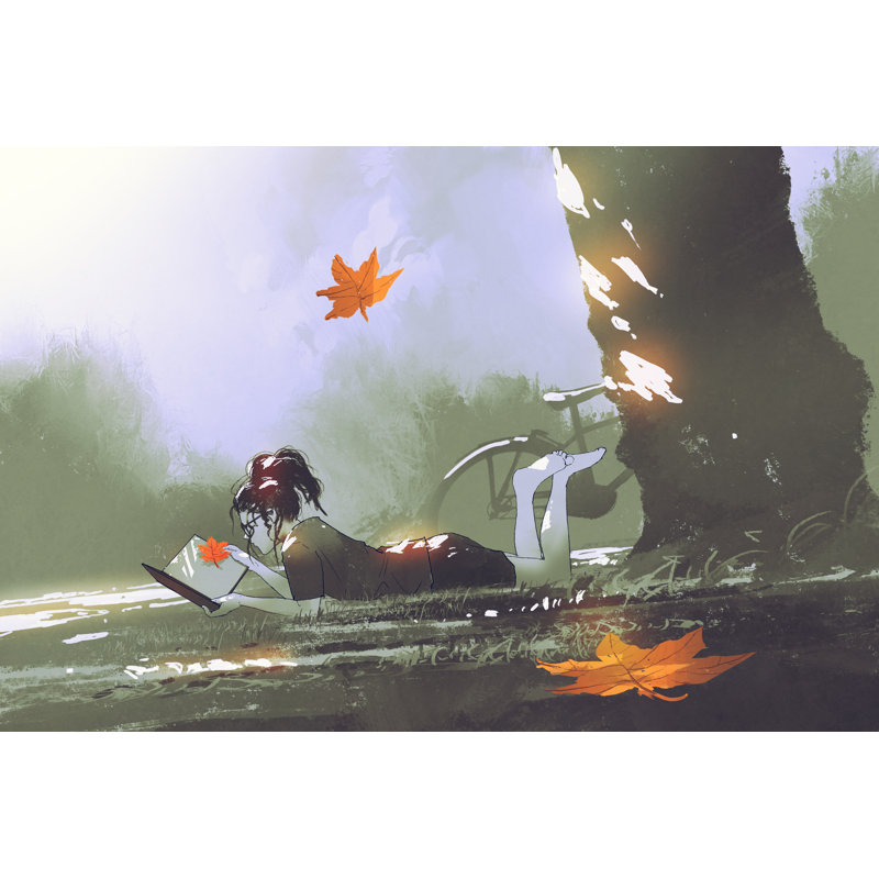 Young Girl Laying On Grass Reading A Book In Park - Wrapped Canvas Painting, 20cm H x 30cm W x 3.8cm D