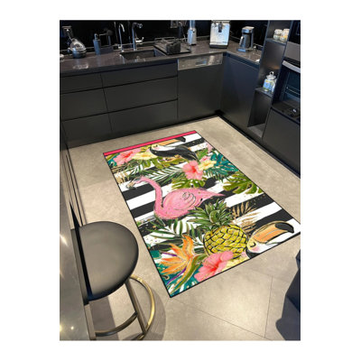 Tapis décoratif rayé gris à motif de cygne rose