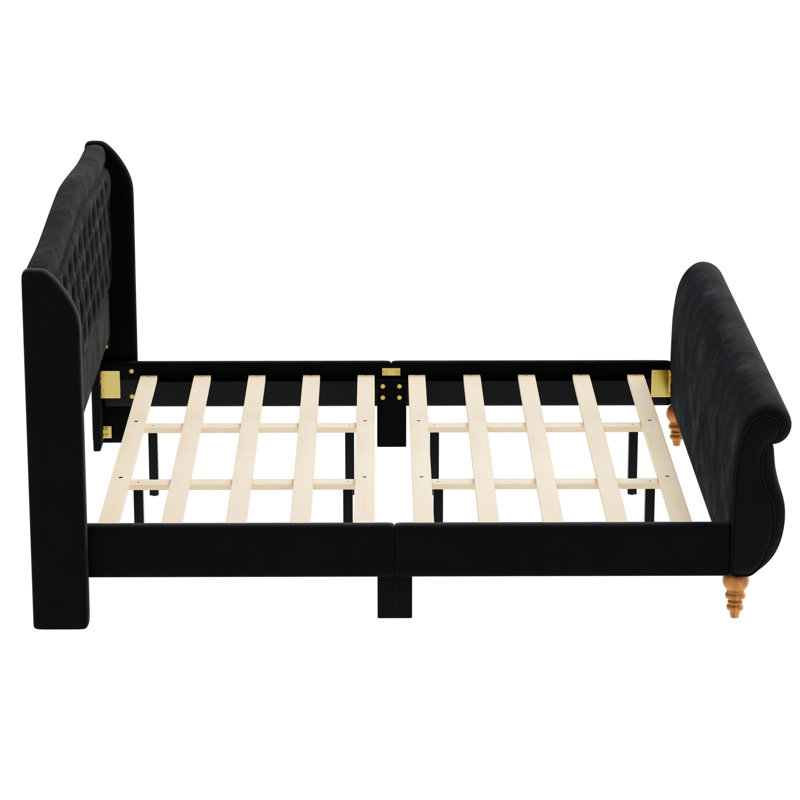 Structure de lit tapissier très grand en velours, structure de lit plate-forme de lit-bateau touffeté à boutons avec tête et pied de lit courbés, support à lattes de bois, aucun sommier nécessaire, noir