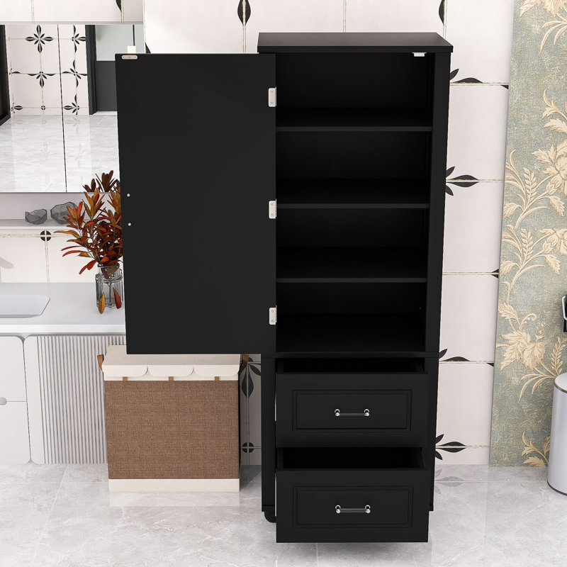 Grande armoire de salle de bain avec deux tiroirs et tablettes réglables, Noir