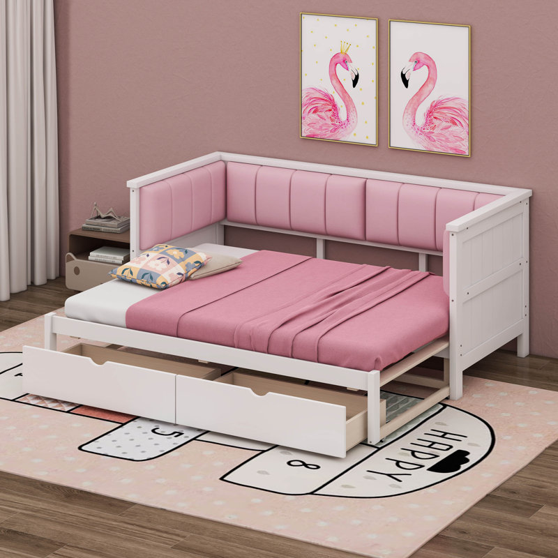 Lit de jour simple TG à très grand lit avec tiroirs de rangement, lit de jour extensible avec dossier rembourré, lit de jour simple TG en bois avec lit gigogne et rangement