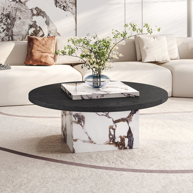 35.43" Round Solid Wood Coffee Table, with Glossy Square Faux Mable Table top