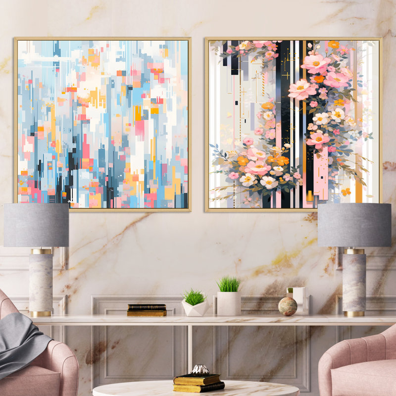 Fleurs de cerisier rose moderne audacieuses I - ensemble de 2 carrés de fleurs de cerisier, Cadre flottant brun