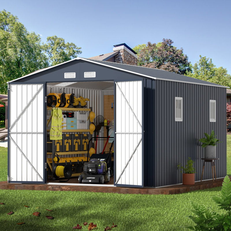 Outdoor Metal Storage Shed with Windows, 10 Ft. W x 12 Ft. D, Black