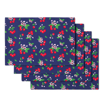 DRAPER JAMES Cherry Blossom Reversible Fabric Placemats 4-Pack Set, Navy/Red, 13"x18"