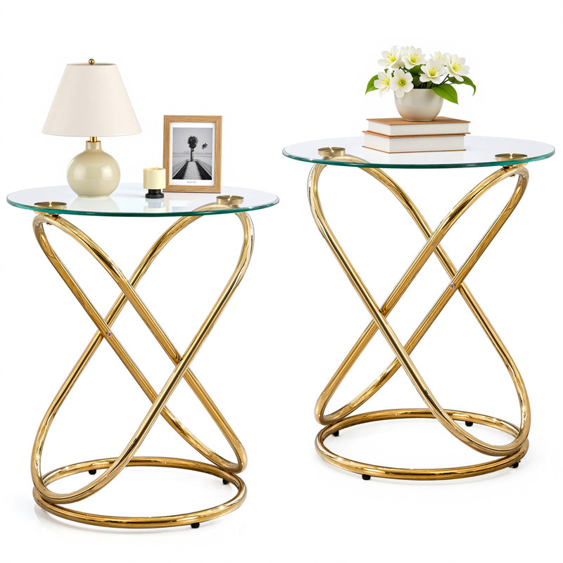 Jefre Tempered Glass Top End Table with Plated Metal Base, Gold