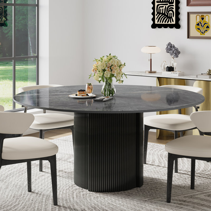 Table de salle à manger ronde 59,08 po, plateau circulaire en marbre avec base en acier inoxydable noir, Noir