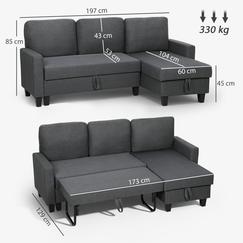 HOMCOM Corner Sofa Bed with Storage L-Shaped Sectional Couch Charcoal Grey, Charcoal Grey