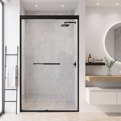 Porte de douche coulissante double 44-48 po L × 72 po H, cadre en aluminium, paroi de douche en verre trempé avec pellicule de sécurité anti-explosion, noir mat