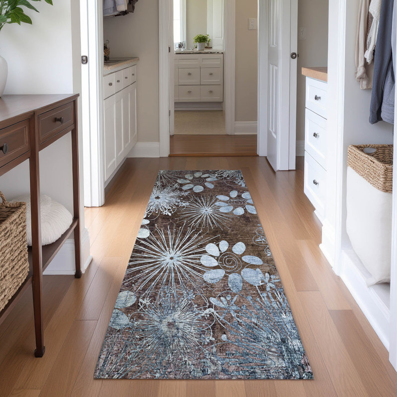 Premium Machine Washable Mayfield AMF2225 Floral Rug, 2'3" x 7'6" Runner, Brown