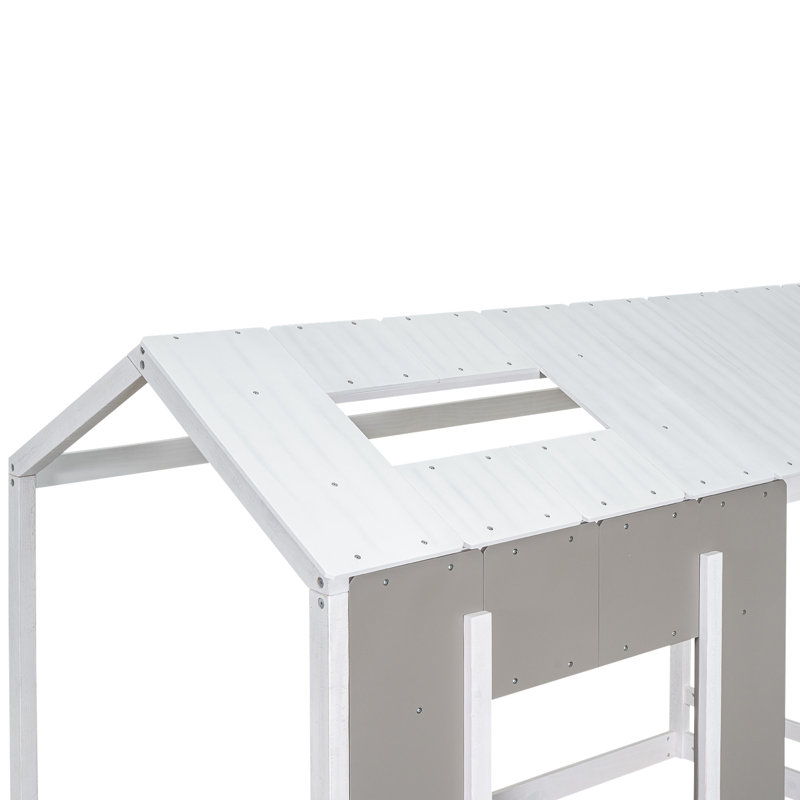 Enrapturant lit simple avec toit et fenêtre, Gris / Blanc