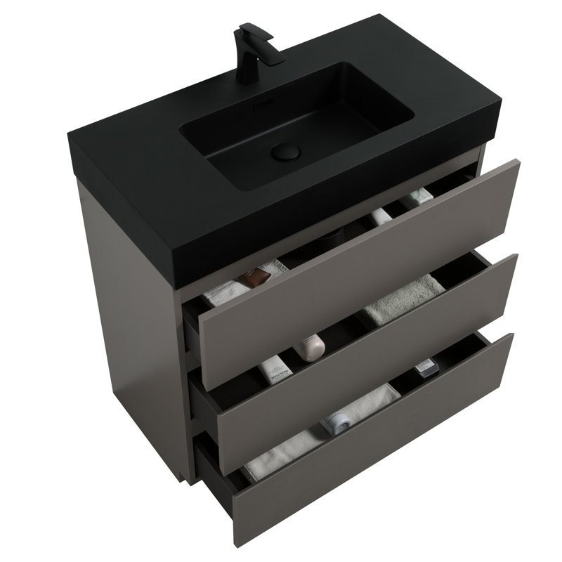 Meuble-lavabo gris de 91 cm (36 po) par - -vue, compartiment de rangement spacieux, style moderne et silencieux, espace de rangement généreux, espace de travail