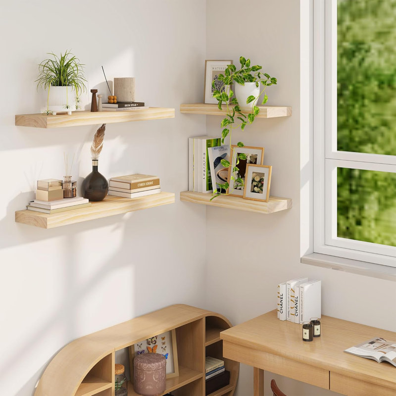 Tablettes flottantes en bois de pin massif, l 36 po x P 9,3 po, fixation murale robuste, bois naturel brut