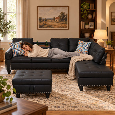 Ensemble de canapé modulaire en similicuir 3 pièces avec méridienne et repose-pieds pour le salon