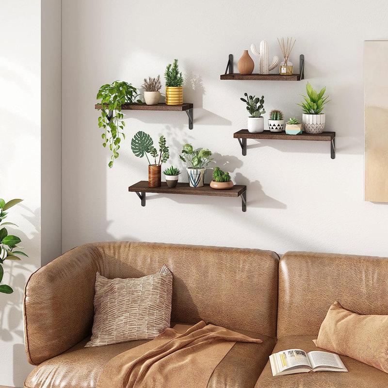 4-Piece Paulownia Wood Floating Shelves Wall Mount Bracket Shelf, Walnut Brown, Black