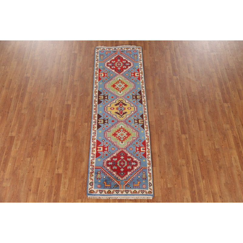 Tapis de couloir bleu en laine 3x8