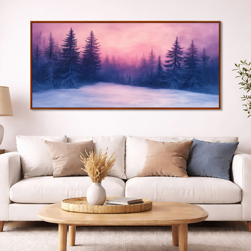 Toile de pin d'hiver, art mural forêt de montagne, pins enneigés au crépuscule, H 28 po x l 60 po, Cadre flottant brun