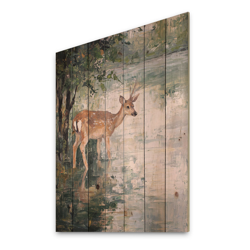 Cerf au bord du lac, campagne I - Art mural moderne sur bois de pin naturel, H 40 po x l 30 po