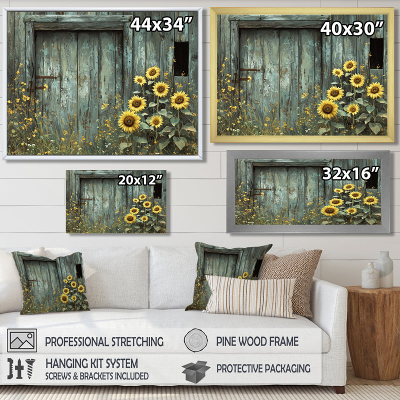 «Dumaka Sunflowers By The Barn Door II» - Art mural tournesols, Reproduction encadrée d'une seule photo, H 12 po x l 20 po