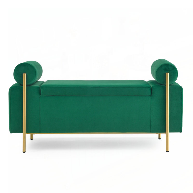 Upholstered Storage Bench, Green, Solid Wood