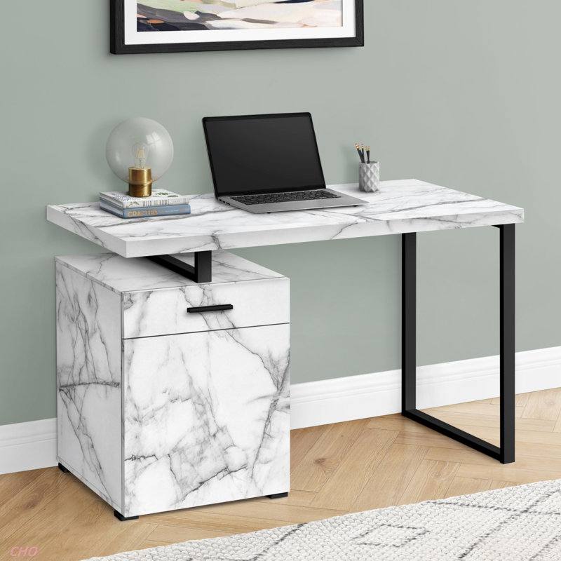 Bureau d'ordinateur, bureau personnel, ordinateur portable, installation à gauche, à droite, tiroirs de rangement, L 48 po, travail, métal stratifié aspect marbre, contemporain, moderne