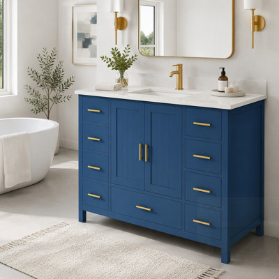 Meuble-lavabo moderne en bois massif avec lavabo, plateau en quartz, portes à fermeture en douceur et tiroirs spacieux