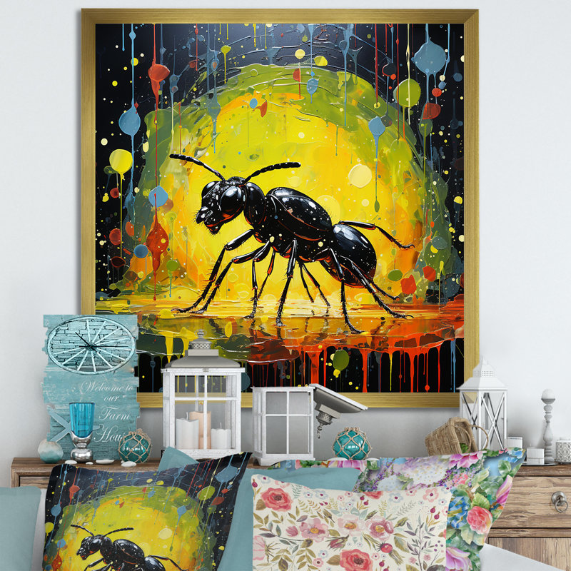 Neon Pioneers, fourmi noire sur toile, Cadre doré simple, H 30 po x l 30 po x P 1 po