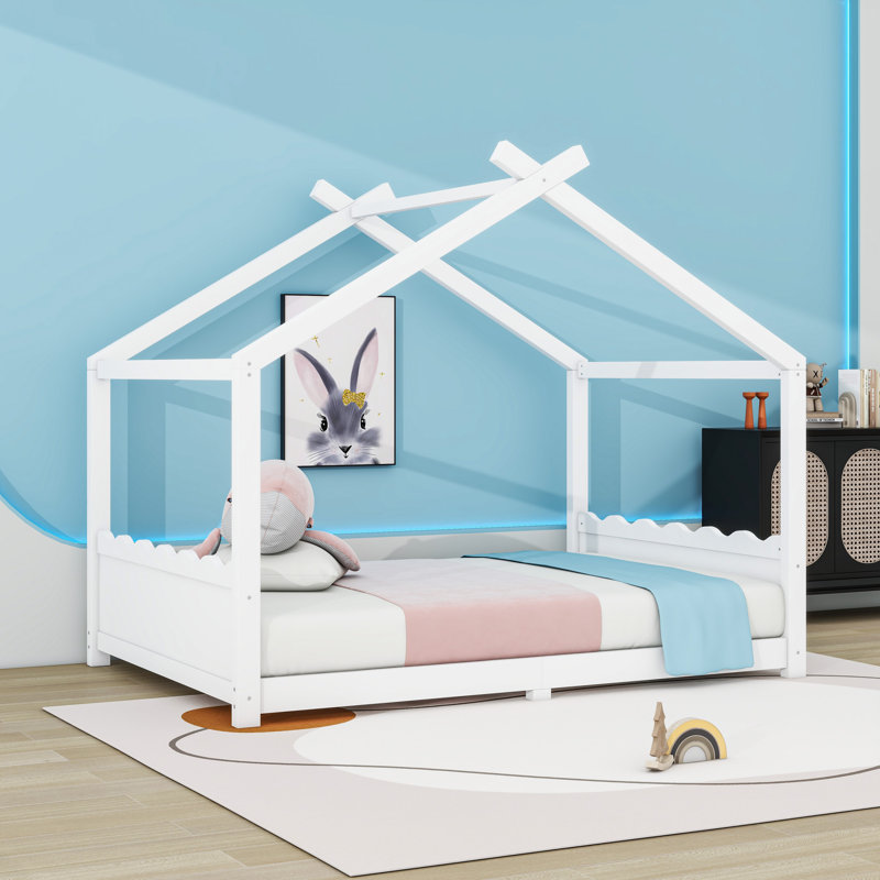 Wood House Floor Bed With Slats, Full, White