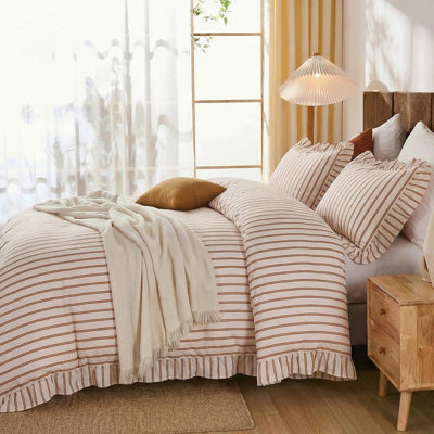 Ensemble de housse de couette 100% coton pour lit très grand, literie rayée beige et terre cuite avec bords froncés, doux respirant, fermeture à glissière et attaches de coin, ensemble de 3 pièces
