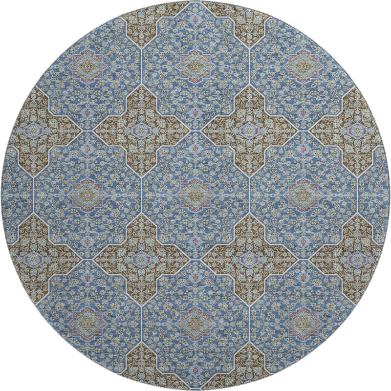 Tapis oriental lavable à la machine de qualité supérieure Mayfield AMF2410, Marine, Rond 8 pi