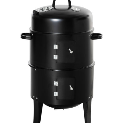 Barbecue fumoir vertical au charbon de bois - Gril de 31 x 16 pouces avec contrôle de la température, idéal pour le camping et les pique-niques en plein air. Noir rond, 2 zones de cuisson et capteur pour la cuisine extérieure. Finition brillante.