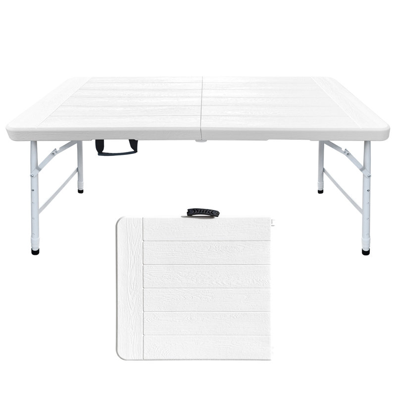 Table pliante blanche à grain de bois de 4 pi, table en plastique portative pour le camping, les pique-niques, les fêtes, la table pliante à port élevé