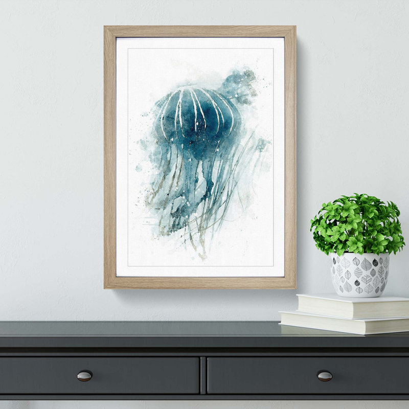A Blue Jellyfish In Abstract - Single Picture Frame Painting, 45cm H x 33cm W x 2cm D, Oak Framed