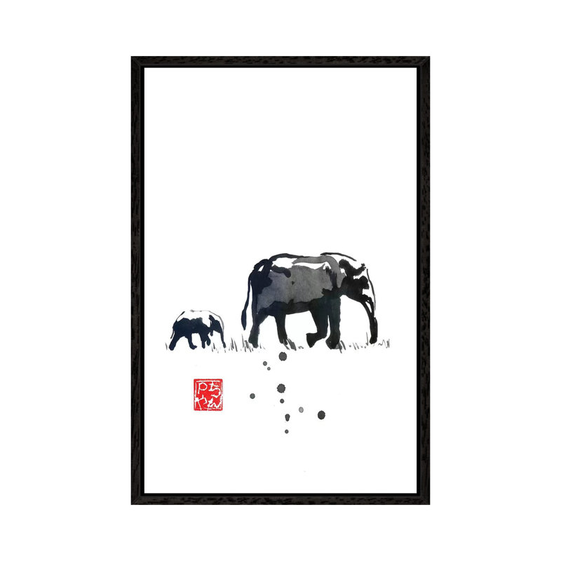 Elephant Family by Péchane - Painting on Canvas, Black Framed, 101.6 cm H x 66.04 cm W