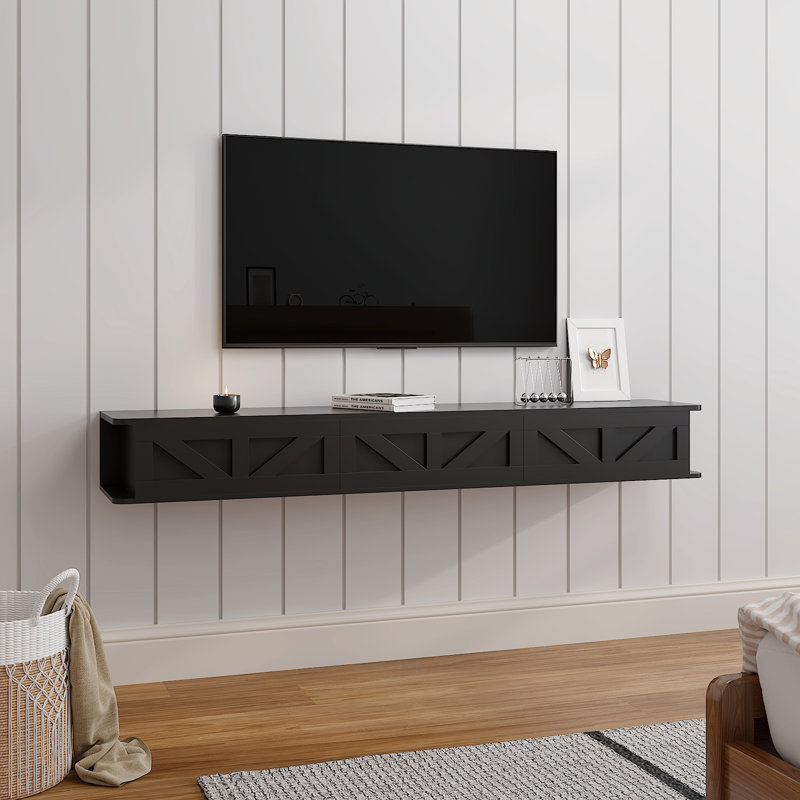 Farmhouse Floating TV Stand Wall Mounted Media Console with 3 Drop-Down Doors, 63" Walnut Top Wall Shelf for TVs up to 70"