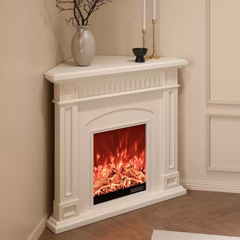 Beige Solid Wood Electric Fireplace