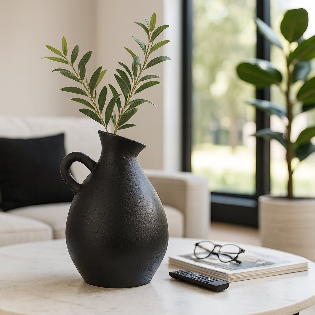 Raja Terracotta Table Vase, Textured Black