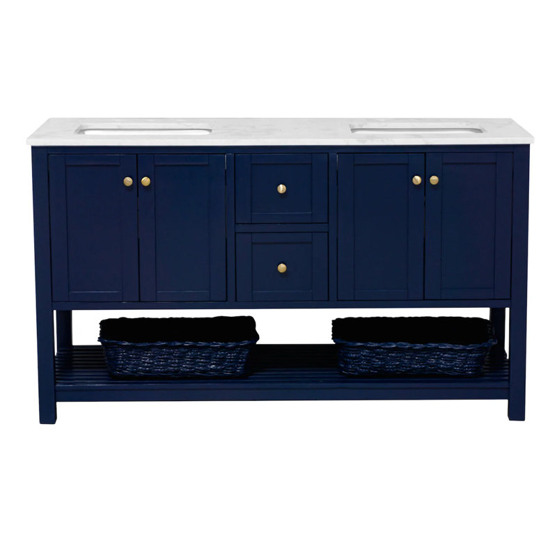 Ensemble de meuble-lavabo double 60 po Binne, Bleu royal, Carrara d'ingénierie