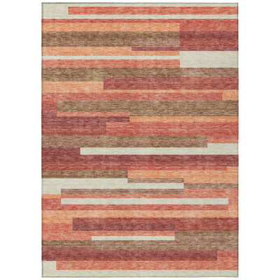 5' X 8' Coral Peach And Taupe Striped Washable Indoor Outdoor Area Rug