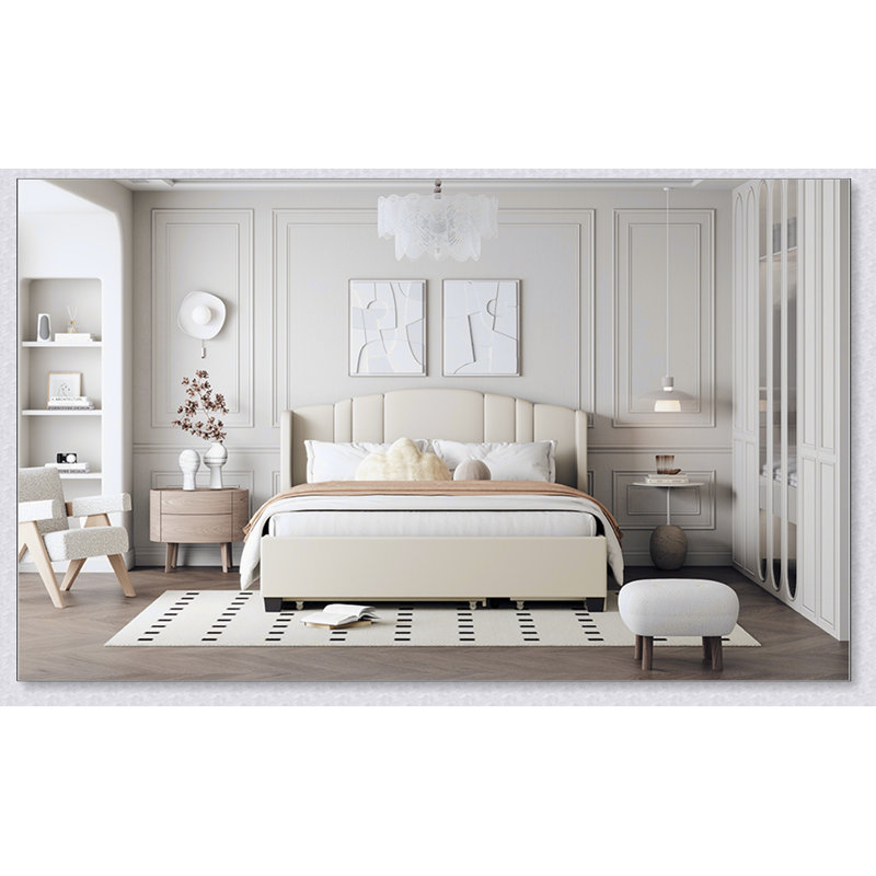 Lit plateforme tapissier avec tête de lit à oreilles, gigogne simple et 2 tiroirs, Beige