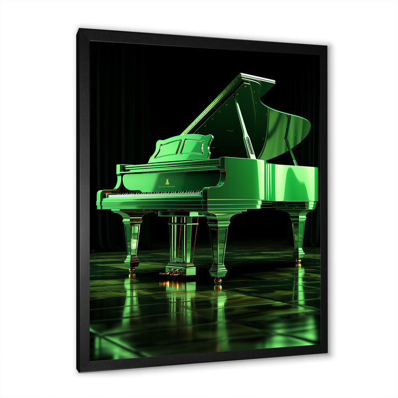 Green Grand Piano Elegance - Piano, art mural, Cadre simple noir, H 20 po x l 12 po x P 1 po