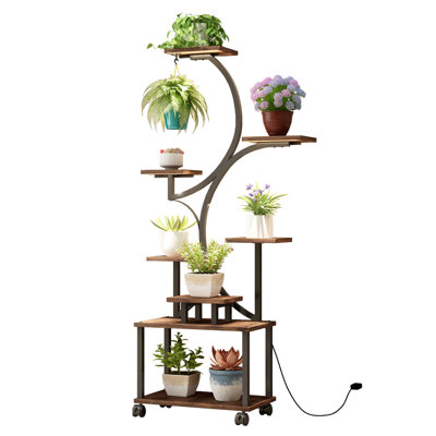 Plant Stand Indoor with Grow Lights - 62" Tall Plant Shelf, Lighted Corner Plant Stands for Indoor Growing, 8 Tiered Large Flower Holder, S-Shaped Decorative Rack for Living Room (WALNUT COLOR)
