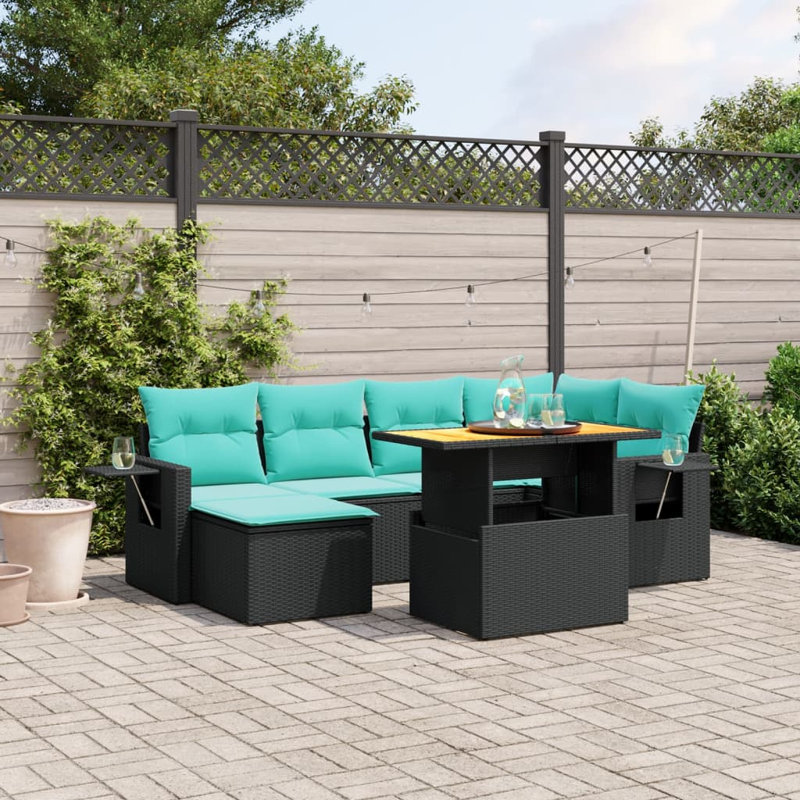  Ensemble de canapé de patio 7 pièces avec coussins en rotin de polyester, Noir, Vert