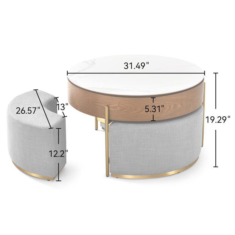 Bulverde Lift Top Extendable Frame Coffee Table with Storage 3 Stools, Stainless Steel Legs