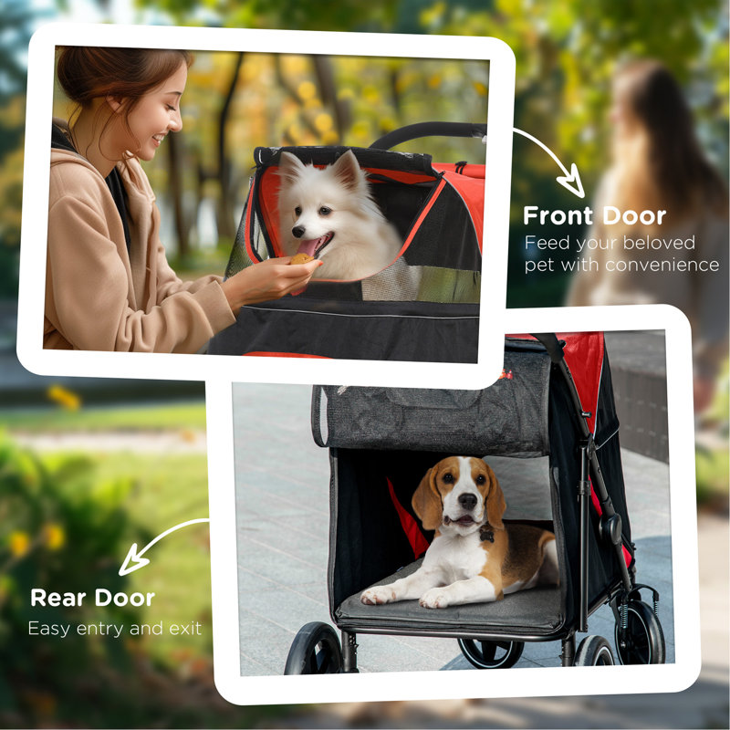 Poussette pour chien, poussette pliable pour animal de compagnie en un clic, roues à absorption des chocs, rouge