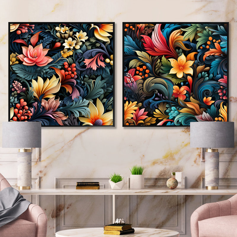 Taunton - Ensemble de 2 collages floraux et botaniques carrés, Cadre flottant noir, H 16 po x l 33 po
